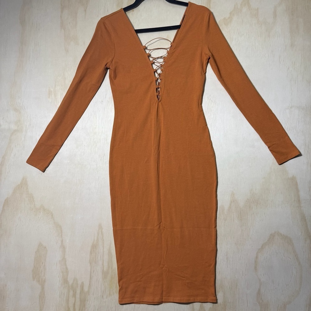 Forever 21 Rust Lace-Up‎ Long Sleeve Midi Bodycon Dress Women’s Small